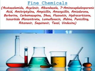 Fine Chemicals
(Acetazolamide, Acyclovir, Albendazole, 7-Aminocephalosporanic
Acid, Amitriptyline, Ampicillin, Amoxycillin, Amiodarone,
Berberine, Carbamazepine, Dhea, Fluoxetin, Hydrocortisone,
Isosorbide Mononitrate, Lomefloxacin, Mdma, Penicilling,
Ritonavir, Saquinavir, Taxol, Vindesine)
 