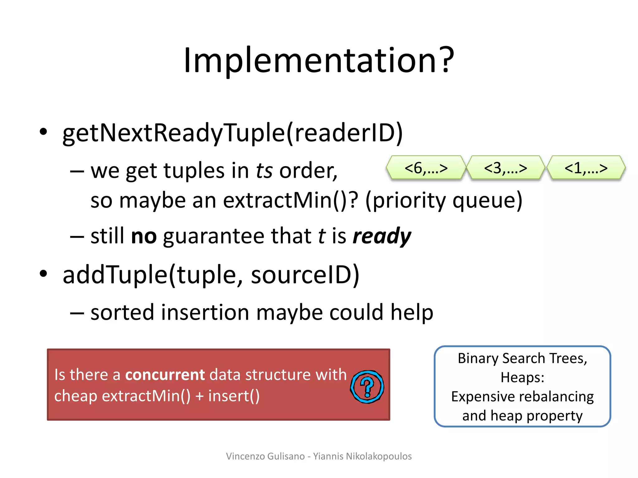 Implementation?
• getNextReadyTuple(readerID)
– we get tuples in ts order,
so maybe an extractMin()? (priority queue)
– still no guarantee that t is ready
• addTuple(tuple, sourceID)
– sorted insertion maybe could help
Vincenzo Gulisano - Yiannis Nikolakopoulos
<6,…> <1,…><3,…>
Is there a concurrent data structure with
cheap extractMin() + insert()
Binary Search Trees,
Heaps:
Expensive rebalancing
and heap property
 