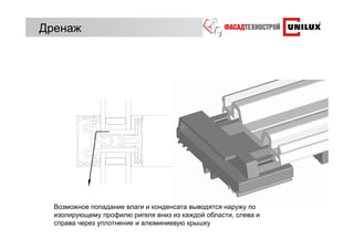 Дренаж




        drainage



  Возможное попадание влаги и конденсата выводятся наружу по
  изолирующему профилю ригеля вниз из каждой области, слева и
  справа через уплотнение и алюминиевую крышку
 