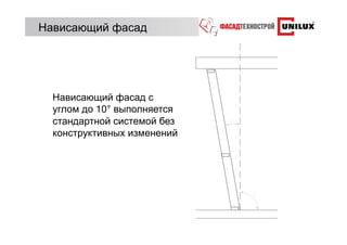 Нависающий фасад




  Нависающий фасад с
  углом до 10° выполняется
  стандартной системой без
  конструктивных изменений
 