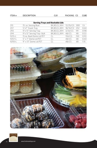 -12- www.finelinesettings.com
Item #	 Description	CLR	Packing	CS	Cube
Serving Trays and Stackable Lids
215	 15 oz. Serving Boat	 BK,BO,CL,WH	 12/25/CS	 300	 1.5
257	 5"x7" Snack Tray	 BK,BO,CL,WH	 18/14/CS	 252	 0.64
293	 9"x 13" Serving Tray	 BK,BO,CL,WH	 3/33/CS	 99	 0.98
294	 9"x 13" Serving Tray- Bulk	 BK,BO,CL,WH	 48/CS	 48	 0.53
9215-L	 15 oz. Boat Dome Lid PET	 CL	 150/CS	 150	 0.93
9257-L	 5" x 7" Dome Lid PET	 CL	 48/CS	 48	 0.43
9293-L	 9" x 13" Dome Lid PET	 CL	 48/CS	 48	 1.15
 
