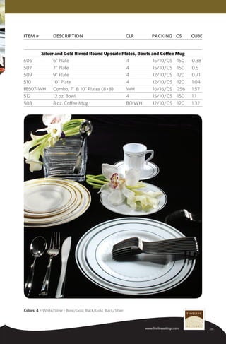 Item #	 Description	CLR	Packing	CS	Cube
-17-www.finelinesettings.com
Silver and Gold Rimed Round Upscale Plates, Bowls and Coffee Mug
506	 6" Plate	 4	 15/10/CS	 150	 0.38
507	 7" Plate	 4	 15/10/CS	 150	 0.5
509	 9" Plate	 4	 12/10/CS	 120	 0.71
510	 10" Plate	 4	 12/10/CS	 120	 1.04
BB507-WH	 Combo, 7" & 10" Plates (8+8)	 WH	 16/16/CS	 256	 1.57
512	 12 oz. Bowl	 4	 15/10/CS	 150	 1.1
508	 8 oz. Coffee Mug	 BO,WH	 12/10/CS	 120	 1.32
Colors: 4 = White/Silver - Bone/Gold, Black/Gold, Black/Silver
 