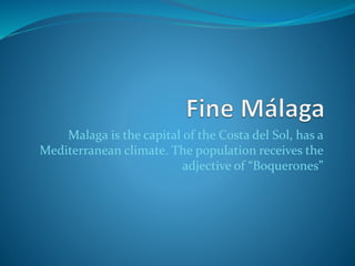 Malaga is the capital of the Costa del Sol, has a 
Mediterranean climate. The population receives the 
adjective of “Boquerones” 
 