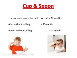 -Uses cup and spoon but spills over all = 12months
- Cup without spilling = 15months
-Spoon without spilling = 18months
 