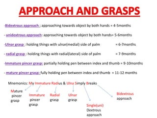 -Bidextrous approach ; approaching towards object by both hands = 4-5months
- unidextrous approach: approaching towards object by both hands= 5-6months
-Ulnar grasp : holding things with ulnar(medial) side of palm = 6-7months
- radial grasp : holding things with radial(lateral) side of palm = 7-9months
-Immature pincer grasp: partially holding pen between index and thumb = 9-10months
- mature pincer grasp: fully holding pen between index and thumb = 11-12 months
Mnemonics: My Immature Radius & Ulna Simply Breaks
Mature
pincer
grasp
Immature
pincer
grasp
Radial
grasp
Ulnar
grasp
Single(uni)
Dextrous
approach
Bidextrous
approach
 