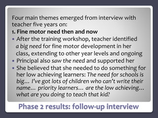 Four main themes emerged from interview with 
teacher five years on: 
1. Fine motor need then and now 
 After the trainin...