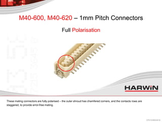 These mating connectors are fully polarised – the outer shroud has chamfered corners, and the contacts rows are
staggered, to provide error-free mating.
M40-600, M40-620 – 1mm Pitch Connectors
Full Polarisation
CP013/28022018
 