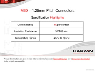 M30 – 1.25mm Pitch Connectors
Specification Highlights
Current Rating 1A per contact
Insulation Resistance 500MΩ min
Temperature Range -25°C to +85°C
Product Specifications are given in more detail on individual connector Technical Drawings, and a Component Specification
for the range is also available.
CP013/28022018
 