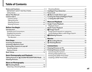 xiii
Notes and Cautions ........................................................................ ii
IMPORTANT SAFETY INSTRUCTIONS...................................... ii
Safety Notes....................................................................................iv
About This Manual.........................................................................ix
Camera Q & A..................................................................................... x
Camera Setup............................................................................... x
Taking Pictures............................................................................xi
Viewing Pictures........................................................................xii
Sharing Pictures.........................................................................xii
Before You Begin
Before You Begin
Introduction.......................................................................................1
Symbols and Conventions..........................................................1
Supplied Accessories....................................................................1
Parts of the Camera.......................................................................2
The Monitor...................................................................................3
First Steps
First Steps
Inserting the Batteries..................................................................4
Inserting a Memory Card.............................................................5
Turning the Camera on and off.................................................9
Shooting Mode...............................................................................9
Playback Mode................................................................................9
Basic Setup .......................................................................................10
Basic Photography and Playback
Basic Photography and Playback
Taking Pictures in G (SCENE RECOGNITION) Mode.....12
Viewing Pictures............................................................................17
More on Photography
More on Photography
A Shooting Mode........................................................................18
Selecting a Shooting Mode......................................................18
Shooting Modes...........................................................................19
Intelligent Face Detection.........................................................23
Focus Lock ........................................................................................25
L Macro mode (Close-ups)......................................................27
K Using the Flash (Intelligent Flash).....................................28
J Using the Self-Timer...............................................................31
More on Playback
More on Playback
Single-Frame Playback...............................................................33
Playback Zoom..............................................................................34
Multi-Frame Playback .................................................................35
V Image Search............................................................................36
Image Search based on categories.......................................36
Using Playback Menu with Image Search...........................37
M Deleting Pictures....................................................................38
Movies
Movies
A Recording Movies...................................................................40
D Viewing Movies.......................................................................42
Connections
Connections
Viewing Pictures on TV...............................................................43
Printing Pictures via USB ...........................................................44
Connecting the Camera............................................................44
Printing Selected Pictures........................................................44
Printing the DPOF Print Order ................................................45
Creating a DPOF Print Order....................................................47
Table of Contents
 