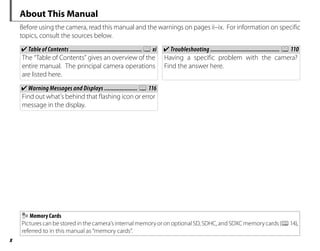 x
About This Manual
Before using the camera, read this manual and the warnings on pages ii–ix. For information on specific
topics, consult the sources below.
Memory Cards
Pictures can be stored in the camera’s internal memory or on optional SD, SDHC, and SDXC memory cards (P14),
referred to in this manual as “memory cards”.
✔
✔ WarningMessagesandDisplays
WarningMessagesandDisplays .....................
..................... P
P116
116
Find out what’s behind that flashing icon or error
message in the display.
✔
✔ Troubleshooting
Troubleshooting ............................................
............................................ P
P110
110
Having a specific problem with the camera?
Find the answer here.
✔
✔ TableofContents
TableofContents ..............................................
..............................................P
Pxi
xi
The “Table of Contents” gives an overview of the
entire manual. The principal camera operations
are listed here.
 