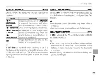 103
Menus
The Setup Menu
L
L DUAL IS MODE [
DUAL IS MODE [L
L]
]
Choose from the following image stabilization
options:
Option
Option Description
Description
L 
CONTINUOUS +
MOTION
Image stabilization on. If + MOTION
is selected, the camera will adjust
shutter speed to reduce motion blur
when a moving objects are detected.
l CONTINUOUS
M  SHOOTING
+ MOTION
As above, except that image stabili-
zation is performed only when the
shutter button is pressed halfway or
the shutter is released.
m 
SHOOTING ONLY
OFF
Image stabilization off. Choose this
option when using a tripod.
c
+ MOTION has no effect when sensitivity is set to a
fixed value, and may also be unavailable at some other
combinations of settings. The effect may vary with
lighting conditions and the speed at which the object
is moving.
B
B RED EYE REMOVAL [ON]
RED EYE REMOVAL [ON]
Choose ON to remove red-eye effects caused by
the flash when shooting with Intelligent Face De-
tection.
a
• Red-eye reduction is performed only when a face is
detected.
• Red-eye removal is not available with RAW images.
C
C AF ILLUMINATOR [ON]
AF ILLUMINATOR [ON]
If ON is selected, the AF-assist illuminator will light
to assist autofocus.
c
• The camera may be unable to focus using the AF-as-
sist illuminator in some cases. If the camera is unable
to focus in macro mode, try increasing the distance to
the subject.
• Avoid shining the AF-assist illuminator directly into
your subject’s eyes.
 
