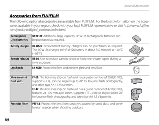 108
Optional Accessories
Accessories from FUJIFILM
Accessories from FUJIFILM
The following optional accessories are available from FUJIFILM. For the latest information on the acces-
sories available in your region, check with your local FUJIFILM representative or visit http://www.fujifilm.
com/products/digital_cameras/index.html.
Rechargeable
Rechargeable
Li-ion batteries
Li-ion batteries
NP-W126: Additional large-capacity NP-W126 rechargeable batteries can
be purchased as required.
Battery chargers
Battery chargers BC-W126: Replacement battery chargers can be purchased as required.
The BC-W126 charges an NP-W126 battery in about 150 minutes at +20°C
(+68°F).
Remote releases
Remote releases RR-80: Use to reduce camera shake or keep the shutter open during a
time exposure.
Lens hoods
Lens hoods LH-HS10: Protect the lens and prevent glare and lens flare.
Shoe-mounted
Shoe-mounted
flash units
flash units
EF-20: This hot-shoe clip-on flash unit has a guide number of 20 (ISO 100),
supports i-TTL, can be angled up to 90° for bounce-flash photography,
and takes two AA 1.5 V batteries.
EF-42: This hot-shoe clip-on flash unit has a guide number of 42 (ISO 100),
features 24–105 mm auto zoom, supports i-TTL, can be angled up to 90°
for bounce-flash photography, and takes four AA 1.5 V batteries.
Protector Filter
Protector Filter PRF-58: Protect the lens from scratches caused by sand, dust, and other
foreign objects when shooting outdoors.
 