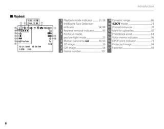 6
Introduction
■
■ Playback
Playback
100-0001
100-0001
400
400
12/31/2050
12/31/2050
YouTube
10:00 AM
10:00 AM
1/250
1/250 F4.5
F4.5
N
9 Dynamic range..........................................86
10 E mode..............................................23
11 Portrait enhancer.....................................28
12 Mark for upload to...................................92
13 Photobook assist..................................... 64
14 Voice memo indicator...........................96
15 DPOF print indicator..............................73
16 Protected image.......................................94
17 Favorites.........................................................58
1 Playback mode indicator............21, 58
2 Intelligent Face Detection
indicator.................................................54, 88
3 Red-eye removal indicator.................93
4 Pro focus mode,
pro low-light mode................................25
5 Motion panorama z ..................30, 66
6 3D image.......................................................26
7 Gift image.....................................................58
8 Frame number........................................101
 