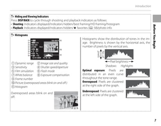7
Before
You
Begin
Introduction
Hiding and Viewing Indicators
Press DISP/BACK to cycle through shooting and playback indicators as follows:
• Shooting: Indicators displayed/indicators hidden/best framing/HD framing/histogram
• Playback: Indicators displayed/indicators hidden/I favorites (P 58)/photo info
Histograms
:
:
:
: OFF
ISO 400
1/250 F4.5
2
3
-1
12/31/2050 10:00 AM
100-0001
4:3 N
q Dynamic range w Image size and quality
e Sensitivity r Shutter speed/aperture
t Film simulation y Flash mode
u White balance i Exposure compensation
o Frame number
!0 Picture (overexposed areas blink on and off )
!1 Histogram
Overexposed areas blink on and
off.
Histograms show the distribution of tones in the im-
age. Brightness is shown by the horizontal axis, the
number of pixels by the vertical axis.
Pixel brightness
Shadows Highlights
pixels
No.
of
Optimal exposure: Pixels are
distributed in an even curve
throughout the tone range.
Overexposed: Pixels are clustered
at the right side of the graph.
Underexposed: Pixels are clustered
at the left side of the graph.
 