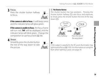 19
Basic
Photography
and
Playback
Taking Pictures in R (E AUTO) Mode
3 Focus.
Press the shutter button halfway
to focus.
If the camera is able to focus, it will beep twice
and the indicator lamp will glow green.
If the camera is unable to focus, the focus frame
will turn red, s will be displayed, and the
indicator lamp will blink green. Change the
composition or use focus lock (P36).
4 Shoot.
Smoothly press the shutter button
the rest of the way down to take
the picture.
b The Shutter Button
The shutter button has two positions. Pressing the
shutter button halfway (q) sets focus and exposure;
to shoot, press the shutter button the rest of the way
down (w).
q w
Press halfway Press the rest of
the way down
Double
beep Click
a
If the subject is poorly lit, the AF-assist illuminator may
lighttoassistfocus(P103). Forinformationonusingthe
flash when lighting is poor, see page 39.
 