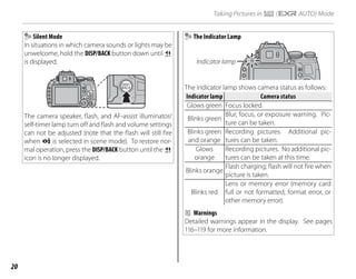 20
Taking Pictures in R (E AUTO) Mode
Silent Mode
In situations in which camera sounds or lights may be
unwelcome, hold the DISP/BACK button down until o
is displayed.
The camera speaker, flash, and AF-assist illuminator/
self-timer lamp turn off and flash and volume settings
can not be adjusted (note that the flash will still fire
when C is selected in scene mode). To restore nor-
mal operation, press the DISP/BACK button until the o
icon is no longer displayed.
The Indicator Lamp
Indicator lamp
The indicator lamp shows camera status as follows:
Indicator lamp
Indicator lamp Camera status
Camera status
Glows green Focus locked.
Blinks green
Blur, focus, or exposure warning. Pic-
ture can be taken.
Blinks green
and orange
Recording pictures. Additional pic-
tures can be taken.
Glows
orange
Recording pictures. No additional pic-
tures can be taken at this time.
Blinks orange
Flash charging; flash will not fire when
picture is taken.
Blinks red
Lens or memory error (memory card
full or not formatted, format error, or
other memory error).
b Warnings
Detailed warnings appear in the display. See pages
116–119 for more information.
 