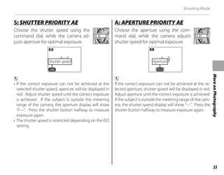 33
More
on
Photography
Shooting Mode
S
S: SHUTTER PRIORITY AE
: SHUTTER PRIORITY AE
Choose the shutter speed using the
command dial, while the camera ad-
justs aperture for optimal exposure.
1000
Shutter speed
c
• If the correct exposure can not be achieved at the
selected shutter speed, aperture will be displayed in
red. Adjust shutter speed until the correct exposure
is achieved. If the subject is outside the metering
range of the camera, the aperture display will show
“F---”. Press the shutter button halfway to measure
exposure again.
• The shutter speed is restricted depending on the ISO
setting.
A
A: APERTURE PRIORITY AE
: APERTURE PRIORITY AE
Choose the aperture using the com-
mand dial, while the camera adjusts
shutter speed for optimal exposure.
F3.5
Aperture
c
If the correct exposure can not be achieved at the se-
lected aperture, shutter speed will be displayed in red.
Adjust aperture until the correct exposure is achieved.
If the subject is outside the metering range of the cam-
era, the shutter speed display will show “---”. Press the
shutter button halfway to measure exposure again.
 