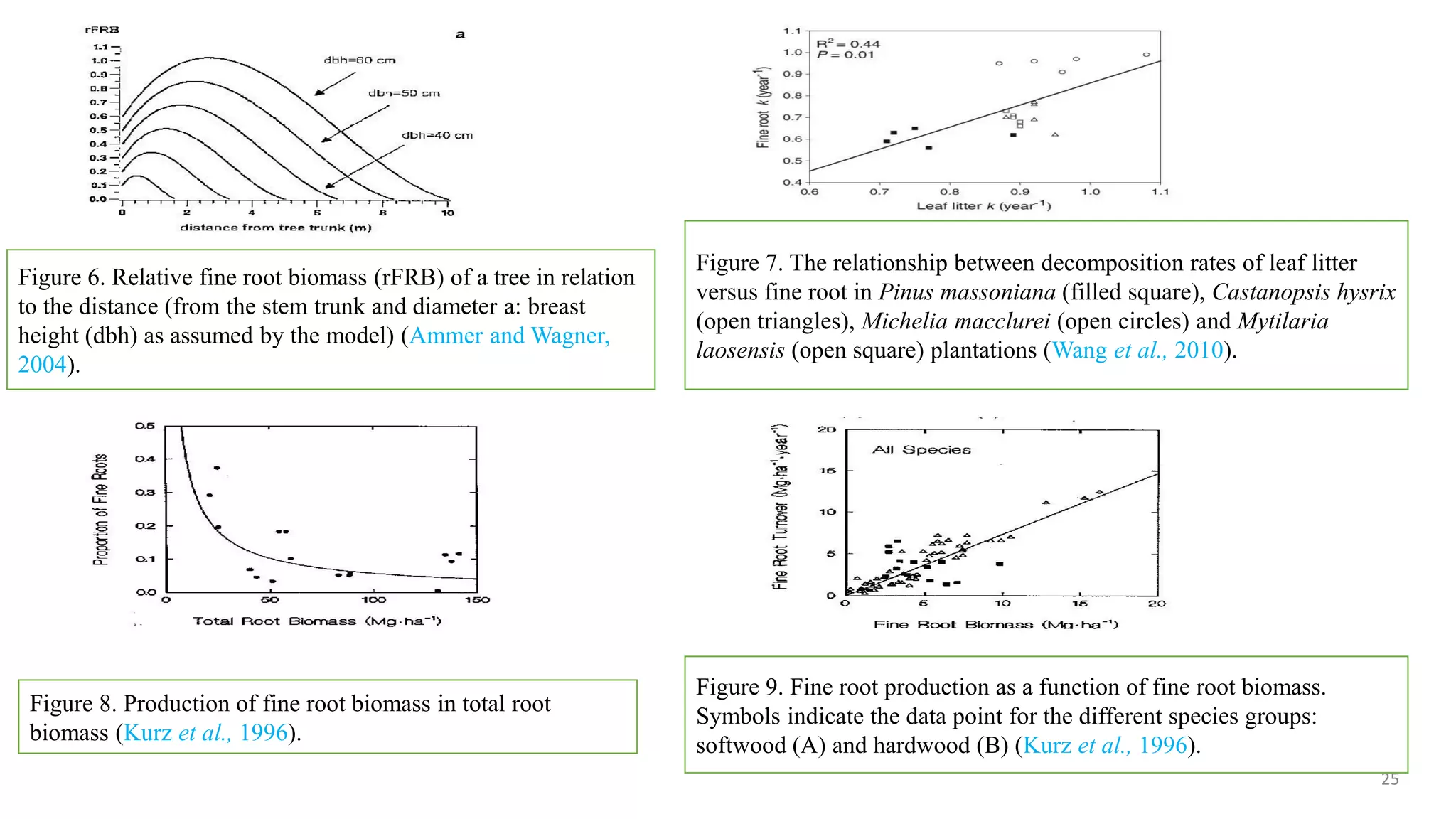 25
Figure 6. Relative fine root biomass (rFRB) of a tree in relation
to the distance (from the stem trunk and diameter a: breast
height (dbh) as assumed by the model) (Ammer and Wagner,
2004).
Figure 7. The relationship between decomposition rates of leaf litter
versus fine root in Pinus massoniana (filled square), Castanopsis hysrix
(open triangles), Michelia macclurei (open circles) and Mytilaria
laosensis (open square) plantations (Wang et al., 2010).
Figure 8. Production of fine root biomass in total root
biomass (Kurz et al., 1996).
Figure 9. Fine root production as a function of fine root biomass.
Symbols indicate the data point for the different species groups:
softwood (A) and hardwood (B) (Kurz et al., 1996).
 