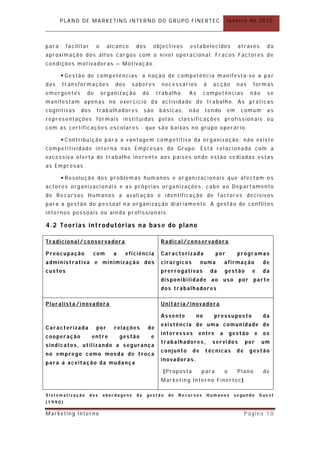 PLANO DE MARKETING INTERNO DO GRUPO FINERTEC                                         Janeiro de 2010



para     facilitar     o     alcance      dos       objectivos       estabelecidos                 através           da
aproximação dos altos cargos com o nível operacional. Fracos Factores de
condições motivadoras – Motivação.

        Gestão de competências ; a n oção de competência m anifesta-se a par
das    transformações          dos       saberes         necessários           à   acção           nas     formas
emergentes       de        organização         do       trabalho.    As        competências              não         se
manifestam apenas no exer cício da actividade de trabalho. As práticas
cognitivas    dos      trabalhadores           são       básicas,    não       tendo         em     comum            as
representações formais instituídas pelas classificações profission ais ou
com as certificações escolares - que são baixas no grupo operário.

        Contribuição para a vantagem com petitiva da organização : não exist e
competitividade interna nas Empresas do Grupo. Está rel acionada com a
excessiva oferta de trabalho inerente aos países onde estão sediadas estas
as Empresas.

        Resolução dos problemas hum anos e or gan izacion ais que afectam os
actores organizacionais e as próprias organizações : cabe ao Departamento
de Recursos Humanos a avaliação e identificação de factores decisivos
para a gest ão do pessoal n a organização diariamente. A gestão de conflitos
internos pessoais ou ain da pr ofissionais.

4.2 Teorias introdutórias na bas e do plano

Tradicional/conservadora                                 Radical/conser vadora

Preocupação           com      a     eficiência          Caracterizada              por            programas
administrativa e minimização dos                         cirúrgicos        numa             afirmação              de
custos                                                   prerrogativas             da       gestão        e        da
                                                         disponibilidade ao                 uso    por parte
                                                         dos trabalhadores

Pluralista/inovadora                                     Unitár ia/inovadora

                                                         Assente          no        pressuposto                    da
                                                         existência de uma comunidade de
Caracterizada          por     relações         de
                                                         interesses       entre         a       gestão        e    os
cooperação           entre         gestão           e
                                                         trabalhadores,            servi dos            por       um
sindicatos, utilizando a segurança
                                                         conjunto     de       técnicas            de    gestão
no emprego como moeda de troca
                                                         inovadoras.
para a aceitação da mudança
                                                          (Proposta          para           o      Plano           de
                                                         Marketing Interno Finertec)

Sistematização       das   abordage ns    da    gest ão     de   Re cursos     Humanos            se gundo        Gue st
(1990)

Marketing Interno                                                                                       Página 10
 