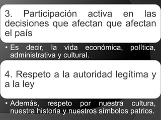3. Participación activa en las
decisiones que afectan que afectan
el país
• Es decir, la vida económica, política,
administrativa y cultural.
4. Respeto a la autoridad legítima y
a la ley
• Además, respeto por nuestra cultura,
nuestra historia y nuestros símbolos patrios.
 