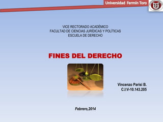 VICE RECTORADO ACADÉMICO
FACULTAD DE CIENCIAS JURÍDICAS Y POLÍTICAS
ESCUELA DE DERECHO

FINES DEL DERECHO

Vincenzo Parisi B.
C.I:V-10.143.205

Febrero,2014

 
