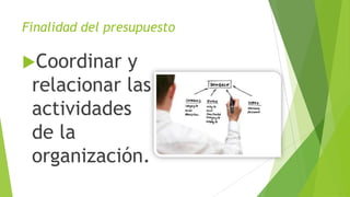 Finalidad del presupuesto
Coordinar y
relacionar las
actividades
de la
organización.
 