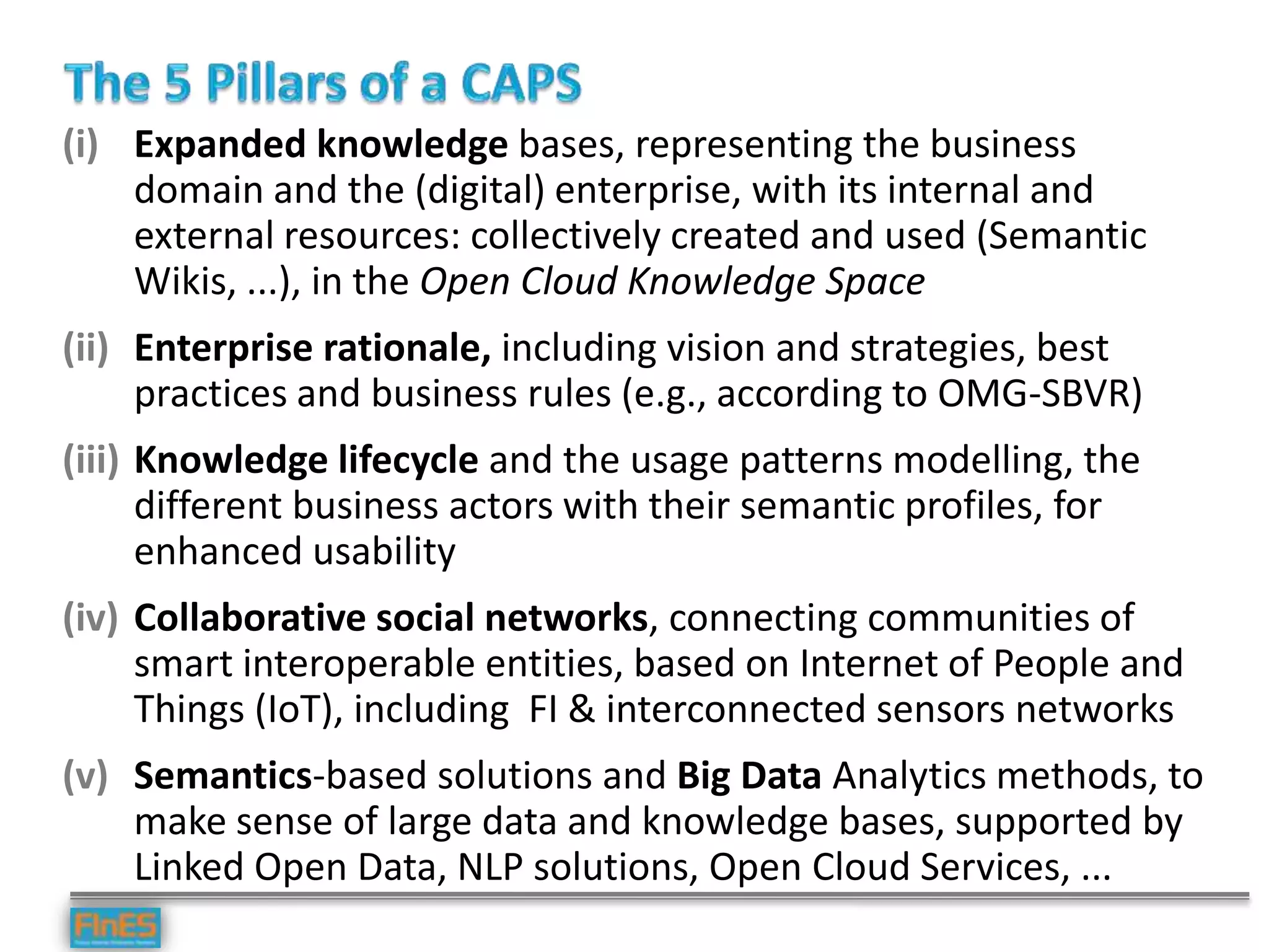 (i) Expanded knowledge bases, representing the business
domain and the (digital) enterprise, with its internal and
external resources: collectively created and used (Semantic
Wikis, ...), in the Open Cloud Knowledge Space
(ii) Enterprise rationale, including vision and strategies, best
practices and business rules (e.g., according to OMG-SBVR)
(iii) Knowledge lifecycle and the usage patterns modelling, the
different business actors with their semantic profiles, for
enhanced usability
(iv) Collaborative social networks, connecting communities of
smart interoperable entities, based on Internet of People and
Things (IoT), including FI & interconnected sensors networks
(v) Semantics-based solutions and Big Data Analytics methods, to
make sense of large data and knowledge bases, supported by
Linked Open Data, NLP solutions, Open Cloud Services, ...
 