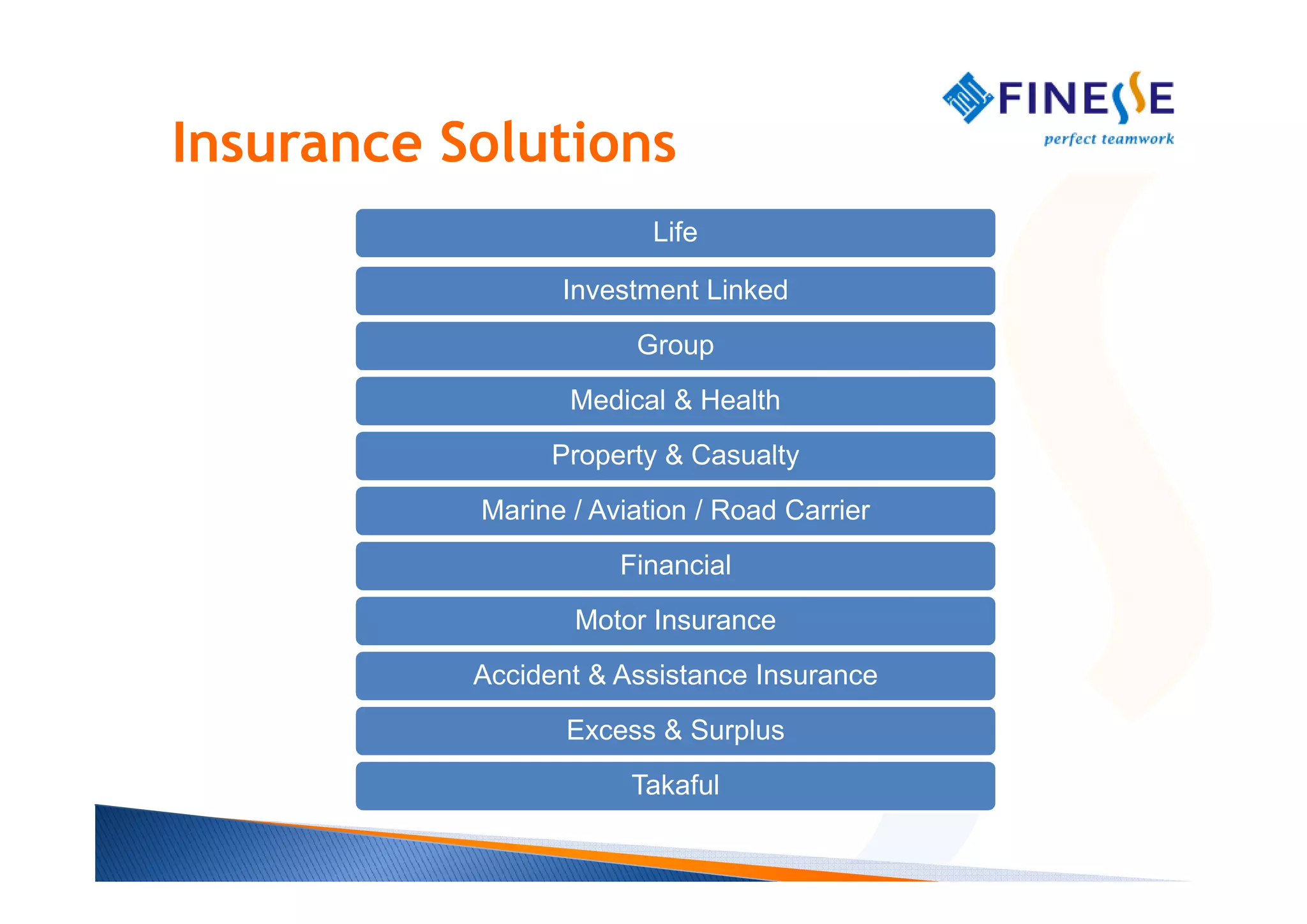 Insurance Solutions
                         Life

                 Investment Linked
                       Group
                  Medical & Health
                 Property & Casualty
           Marine / Aviation / Road Carrier
                      Financial
                  Motor Insurance
           Accident & Assistance Insurance
                  Excess & Surplus
                       Takaful
 