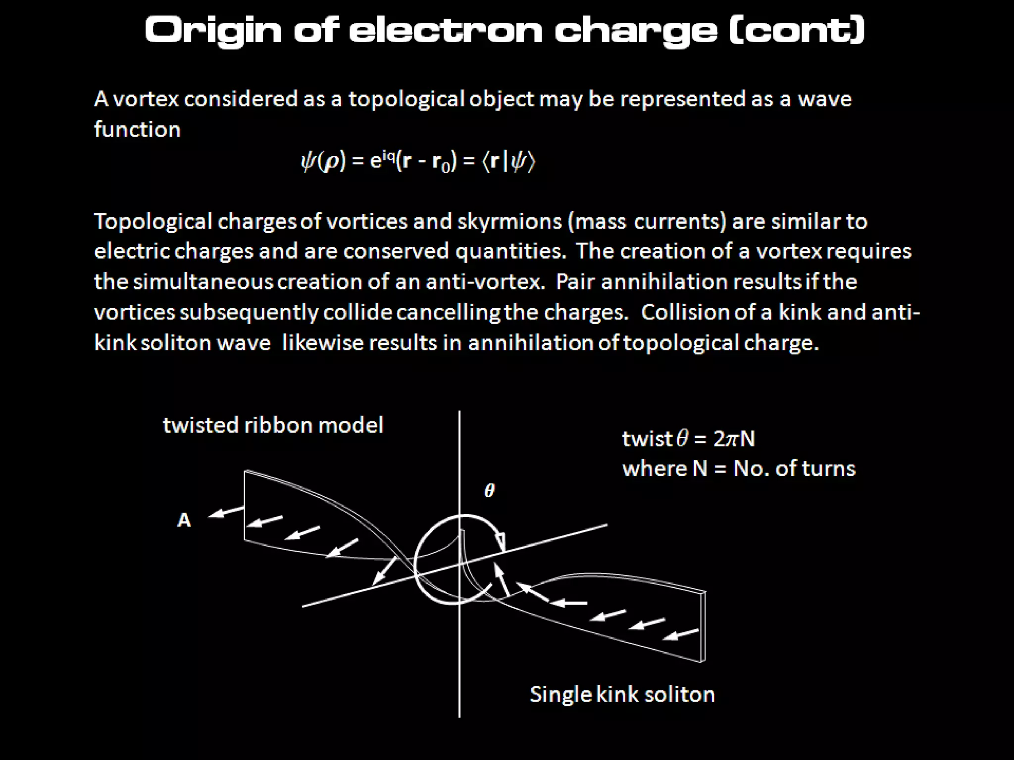 A vortex considered as a topological object may be represented as a wave
function
y(r) = eiq(r - r0) = r|y
Topological charges of vortices and skyrmions (mass currents) are similar to
electric charges and are conserved quantities. The creation of a vortex requires
the simultaneous creation of an anti-vortex. Pair annihilation results if the
vortices subsequently collide cancelling the charges. Collision of a kink and anti-
kink soliton wave likewise results in annihilation of topological charge.
twisted ribbon model
A
Single kink soliton
q
twist q = 2pN
where N = No. of turns
Origin of electron charge (cont)
 