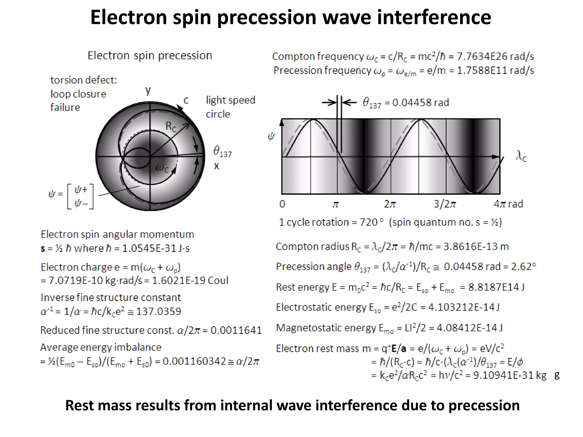 Electron spin angular momentum
s = ½ ħ where ħ = 1.0545E-31 J·s
Electron charge e = m(wC + wp)
= 7.0719E-10 kg·rad/s = 1.6021E-19 Coul
q137 = 0.04458 rad
0 p 2p 3/2p 4p rad
q137
Compton frequency wC = c/RC = mc2/ħ = 7.7634E26 rad/s
torsion defect:
loop closure
failure
Precession frequency wp = we/m = e/m = 1.7588E11 rad/s
Electron spin precession
y
x
lC
wC
RC
c
1 cycle rotation = 720 o (spin quantum no. s = ½)
Compton radius RC = lC/2p = ħ/mc = 3.8616E-13 m
Precession angle q137 = (lC/a-1)/RC  0.04458 rad = 2.62o
Rest energy E = m0c2 = ħc/RC = Eso + Emo = 8.8187E14 J
Electrostatic energy Eso = e2/2C = 4.103212E-14 J
Magnetostatic energy Emo = LI2/2 = 4.08412E-14 J
Electron rest mass m = q+E/a = e/(wC + wp) = eV/c2
= ħ/(RC·c) = ħ/c·(lC(a-1)/q137 = E/f
= kCe2/aRCc2 = hn/c2 = 9.10941E-31 kg
Inverse fine structure constant
a-1 = 1/a = ħc/kCe2  137.0359
light speed
circle
y = y+
y-
y
Reduced fine structure const. a/2p = 0.0011641
Average energy imbalance
= ½(Em0 - Eso)/(Emo + Es0) = 0.001160342  a/2p
Electron spin precession wave interference
Rest mass results from internal wave interference due to precession
 