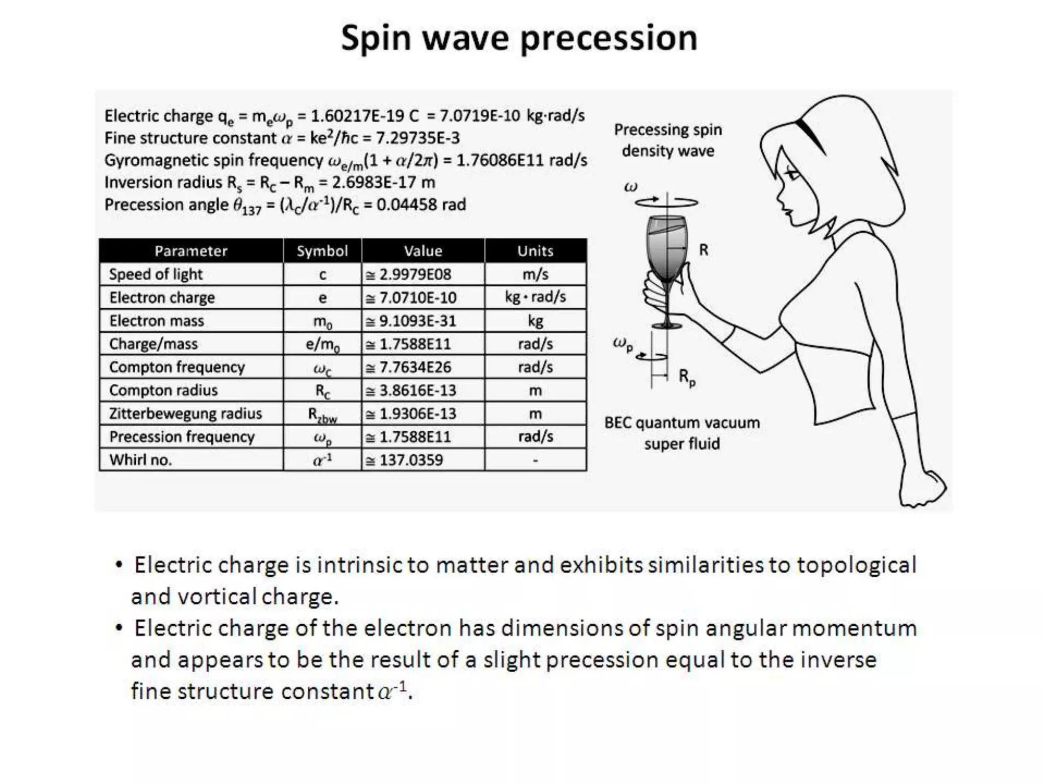 Spin wave precession
• Electric charge is intrinsic to matter and exhibits similarities to topological
and vortical charge.
• Electric charge of the electron has dimensions of spin angular momentum
and appears to be the result of a slight precession equal to the inverse
fine structure constant a-1.
 