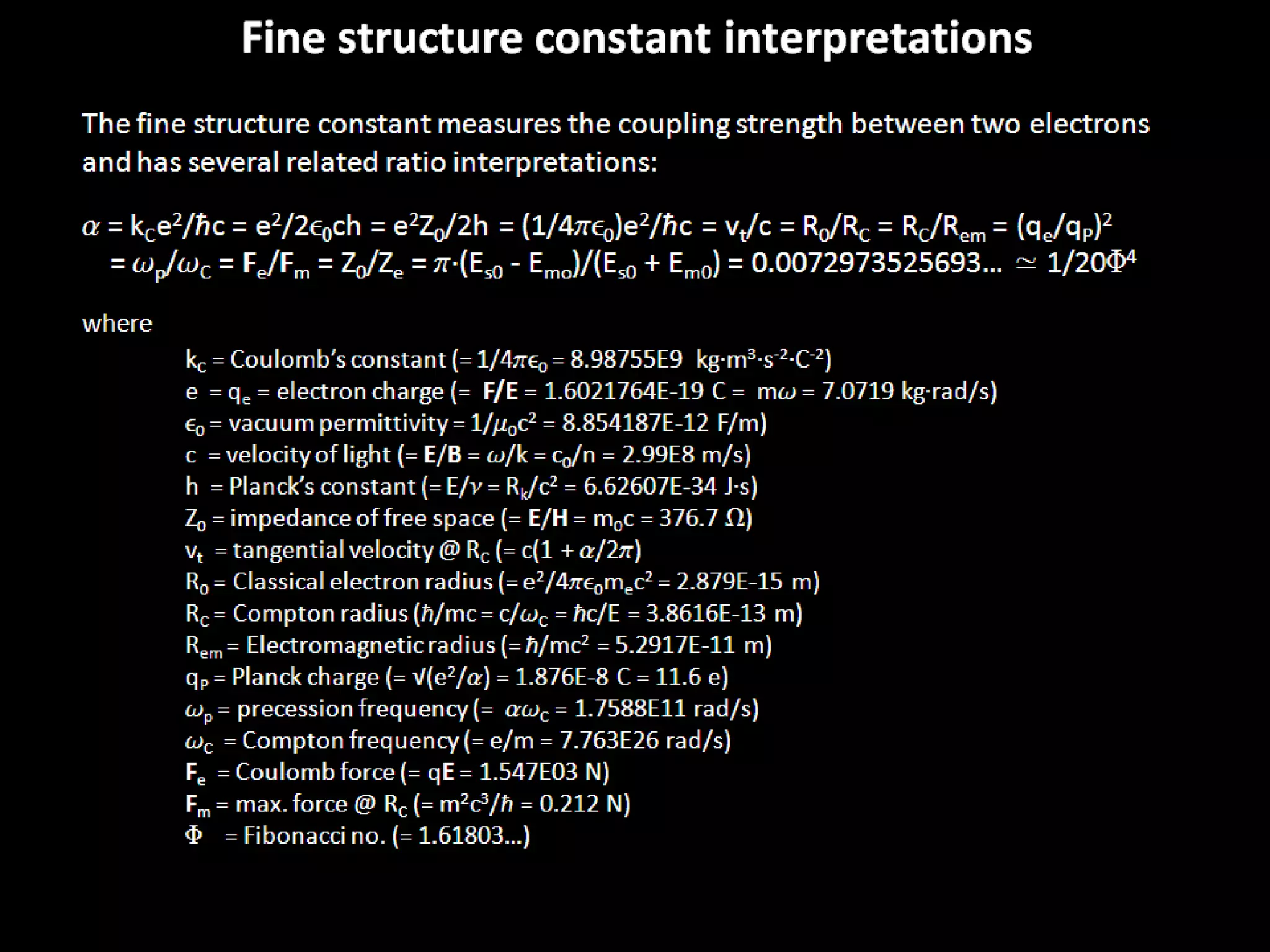 The fine structure constant measures the coupling strength between two electrons
and has several related ratio interpretations:
a = kCe2/ħc = e2/2e0ch = e2Z0/2h = (1/4pe0)e2/ħc = vt/c = R0/RC = RC/Rem =
(qe/qP)2
= wp/wC = Fe/Fm = Z0/Ze = p·(Es0 - Emo)/(Es0 + Em0) = 0.0072973525693… ≃ 1/20F4
where
Fine structure constant interpretations
kC = Coulomb’s constant (= 1/4pe0 = 8.98755E9 kg·m3·s-2·C-2)
e = qe = electron charge (= F/E = 1.6021764E-19 C = mw = 7.0719 kg·rad/s)
e0 = vacuum permittivity = 1/m0c2 = 8.854187E-12 F/m)
c = velocity of light (= E/B = w/k = c0/n = 2.99E8 m/s)
h = Planck’s constant (= E/n = Rk/c2 = 6.62607E-34 J·s)
Z0 = impedance of free space (= E/H = m0c = 376.7 W)
vt = tangential velocity @ RC (= c(1 + a/2p)
R0 = Classical electron radius (= e2/4pe0mec2 = 2.879E-15 m)
RC = Compton radius (ħ/mc = c/wC = ħc/E = 3.8616E-13 m)
Rem = Electromagnetic radius (= ħ/mc2 = 5.2917E-11 m)
qP = Planck charge (= √(e2/a) = 1.876E-8 C = 11.6 e)
wp = precession frequency (= awC = 1.7588E11 rad/s)
wC = Compton frequency (= e/m = 7.763E26 rad/s)
Fe = Coulomb force (= qE = 1.547E03 N)
Fm = max. force @ RC (= m2c3/ħ = 0.212 N)
F = Fibonacci no. (= 1.61803…)
 