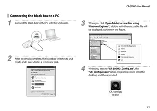 CR-300HD User Manual


 Connecting the black box to a PC

1	   Connect the black box to the PC with the USB cable.
                                                                3	   When you click Open folder to view files using
                                                                     Windows Explorer, a folder with the executable file will
                                                                     be displayed as shown in the figure.




2	   After booting is complete, the black box switches to USB
     mode and is executed as a removable disk.


                                                                4	   When you execute “CR-300HD_Config.exe”, the
                                                                     “CR_configure.exe” setup program is copied onto the
                                                                     desktop and then executed.




                                                                                                                             23
 