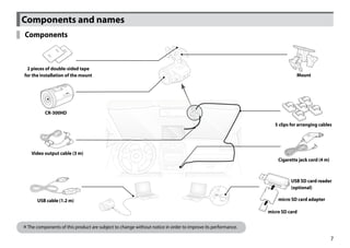 Components and names
	 Components



  2 pieces of double-sided tape
 for the installation of the mount                                                                                        Mount




           CR-300HD

                                                                                                                5 clips for arranging cables




    Video output cable (3 m)
                                                                                                                 Cigarette jack cord (4 m)



                                                                                                                       USB SD card reader
                                                                                                                       (optional)

       USB cable (1.2 m)                                                                                         micro SD card adapter

                                                                                                             micro SD card


 The components of this product are subject to change without notice in order to improve its performance.

                                                                                                                                             7
 