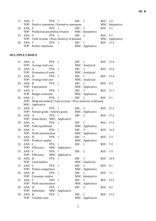 ID: B 
17. ANS: T PTS: 1 DIF: 2 REF: 2-2 
TOP: Positive statements | Normative statements MSC: Interpretive 
18. ANS: F PTS: 1 DIF: 2 REF: 3-1 
TOP: Production possibilities frontier MSC: Interpretive 
19. ANS: T PTS: 1 DIF: 2 REF: 5-1 
TOP: Total revenue | Price elasticity of demand MSC: Applicative 
20. ANS: T PTS: 1 DIF: 1 REF: 21-2 
TOP: Perfect substitutes MSC: Applicative 
2 
MULTIPLE CHOICE 
21. ANS: A PTS: 1 DIF: 1 REF: 13-4 
TOP: Average total cost MSC: Analytical 
22. ANS: A PTS: 1 DIF: 2 REF: 13-4 
TOP: Economies of scale MSC: Analytical 
23. ANS: D PTS: 1 DIF: 1 REF: 13-4 
TOP: Average total cost MSC: Analytical 
24. ANS: B PTS: 1 DIF: 2 REF: 4-3 
TOP: Expectations MSC: Applicative 
25. ANS: C PTS: 1 DIF: 3 REF: 21-1 
TOP: Budget constraint MSC: Applicative 
26. ANS: C PTS: 1 DIF: 2 REF: 5-1 
TOP: Midpoint method | Total revenue | Price elasticity of demand 
MSC: Applicative 
27. ANS: C PTS: 1 DIF: 2 REF: 21-3 
TOP: Normal goods | Inferior goods MSC: Applicative 
28. ANS: A PTS: 1 DIF: 2 REF: 17-2 
TOP: Game theory MSC: Applicative 
29. ANS: A PTS: 1 DIF: 2 REF: 17-2 
TOP: Nash equilibrium MSC: Applicative 
30. ANS: A PTS: 1 DIF: 3 REF: 16-2 
TOP: Profit maximization MSC: Applicative 
31. ANS: D PTS: 1 DIF: 3 REF: 7-3 
TOP: Producer surplus MSC: Applicative 
32. ANS: C PTS: 1 DIF: 1 REF: 7-3 
TOP: Efficiency MSC: Applicative 
33. ANS: C PTS: 1 DIF: 2 REF: 7-3 
TOP: Efficiency MSC: Applicative 
34. ANS: D PTS: 1 DIF: 3 REF: 18-4 
TOP: Land markets MSC: Analytical 
35. ANS: C PTS: 1 DIF: 2 REF: 4-1 
TOP: Perfect competition MSC: Applicative 
36. ANS: B PTS: 1 DIF: 2 REF: 7-1 
TOP: Consumer surplus MSC: Interpretive 
37. ANS: C PTS: 1 DIF: 3 REF: 15-2 
TOP: Profit maximization MSC: Applicative 
38. ANS: D PTS: 1 DIF: 2 REF: 4-2 
TOP: Substitutes MSC: Applicative 
39. ANS: B PTS: 1 DIF: 2 REF: 13-2 
TOP: Variable costs MSC: Applicative 
 