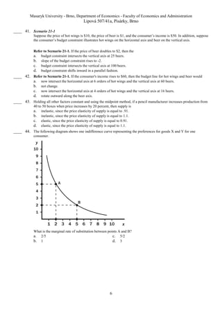 Masaryk University - Brno, Department of Economics - Faculty of Economics and Administration 
Lipová 507/41a, Pisárky, Brno 
6 
____ 41. Scenario 21-1 
Suppose the price of hot wings is $10, the price of beer is $1, and the consumer’s income is $50. In addition, suppose 
the consumer’s budget constraint illustrates hot wings on the horizontal axis and beer on the vertical axis. 
Refer to Scenario 21-1. If the price of beer doubles to $2, then the 
a. budget constraint intersects the vertical axis at 25 beers. 
b. slope of the budget constraint rises to -2. 
c. budget constraint intersects the vertical axis at 100 beers. 
d. budget constraint shifts inward in a parallel fashion. 
____ 42. Refer to Scenario 21-1. If the consumer's income rises to $60, then the budget line for hot wings and beer would 
a. now intersect the horizontal axis at 6 orders of hot wings and the vertical axis at 60 beers. 
b. not change. 
c. now intersect the horizontal axis at 4 orders of hot wings and the vertical axis at 16 beers. 
d. rotate outward along the beer axis. 
____ 43. Holding all other factors constant and using the midpoint method, if a pencil manufacturer increases production from 
40 to 50 boxes when price increases by 20 percent, then supply is 
a. inelastic, since the price elasticity of supply is equal to .91. 
b. inelastic, since the price elasticity of supply is equal to 1.1. 
c. elastic, since the price elasticity of supply is equal to 0.91. 
d. elastic, since the price elasticity of supply is equal to 1.1. 
____ 44. The following diagram shows one indifference curve representing the preferences for goods X and Y for one 
consumer. 
What is the marginal rate of substitution between points A and B? 
a. 2/5 c. 5/2 
b. 1 d. 3 
 