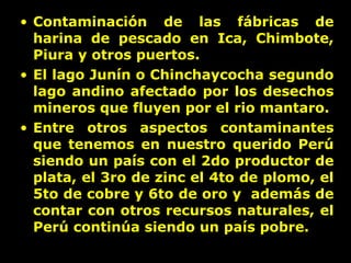 Contaminación de las fábricas de harina de pescado en Ica, Chimbote, Piura y otros puertos. El lago Junín o Chinchaycocha segundo lago andino afectado por los desechos mineros que fluyen por el rio mantaro. Entre otros aspectos contaminantes que tenemos en nuestro querido Perú siendo un país con el  2do productor de plata, el 3ro de zinc el 4to de plomo, el 5to de cobre y 6to de oro y  además de contar con otros recursos naturales, el Perú continúa siendo un país pobre. 