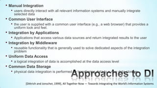 • Manual Integration
  •   users directly interact with all relevant information systems and manually integrate
      selected data
• Common User Interface
  •   the user is supplied with a common user interface (e.g., a web browser) that provides a
      uniform look and feel.
• Integration by Applications
  •   Applications that access various data sources and return integrated results to the user
• Integration by Middleware
  •   reusable functionality that is generally used to solve dedicated aspects of the integration
      problem
• Uniform Data Access
  •   a logical integration of data is accomplished at the data access level
• Common Data Storage
  •   physical data integration is performed by transferring data to a new data storage


             [Dittrich and Jonscher, 1999], All Together Now — Towards Integrating the World’s Information Systems
 