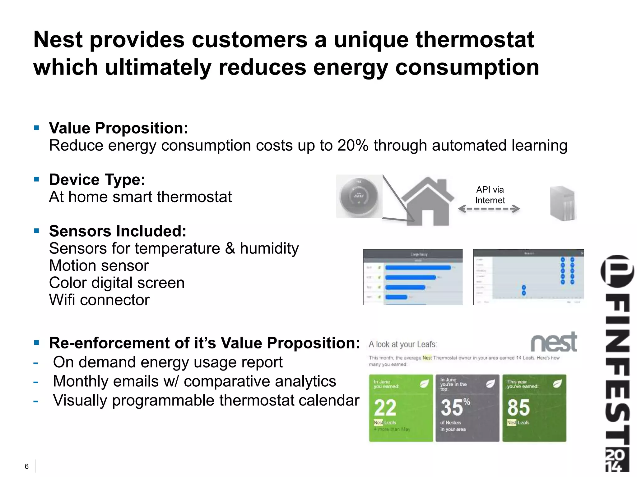 Nest provides customers a unique thermostat 
which ultimately reduces energy consumption 
 Value Proposition: 
Reduce energy consumption costs up to 20% through automated learning 
 Device Type: 
At home smart thermostat 
 Sensors Included: 
Sensors for temperature & humidity 
Motion sensor 
Color digital screen 
Wifi connector 
 Re-enforcement of it’s Value Proposition: 
- On demand energy usage report 
- Monthly emails w/ comparative analytics 
- Visually programmable thermostat calendar 
6 
API via 
Internet 
 
