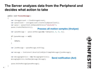 The Server analyzes data from the Peripheral and 
decides what action to take 
18 
Process all motion samples (Analyze) 
S...