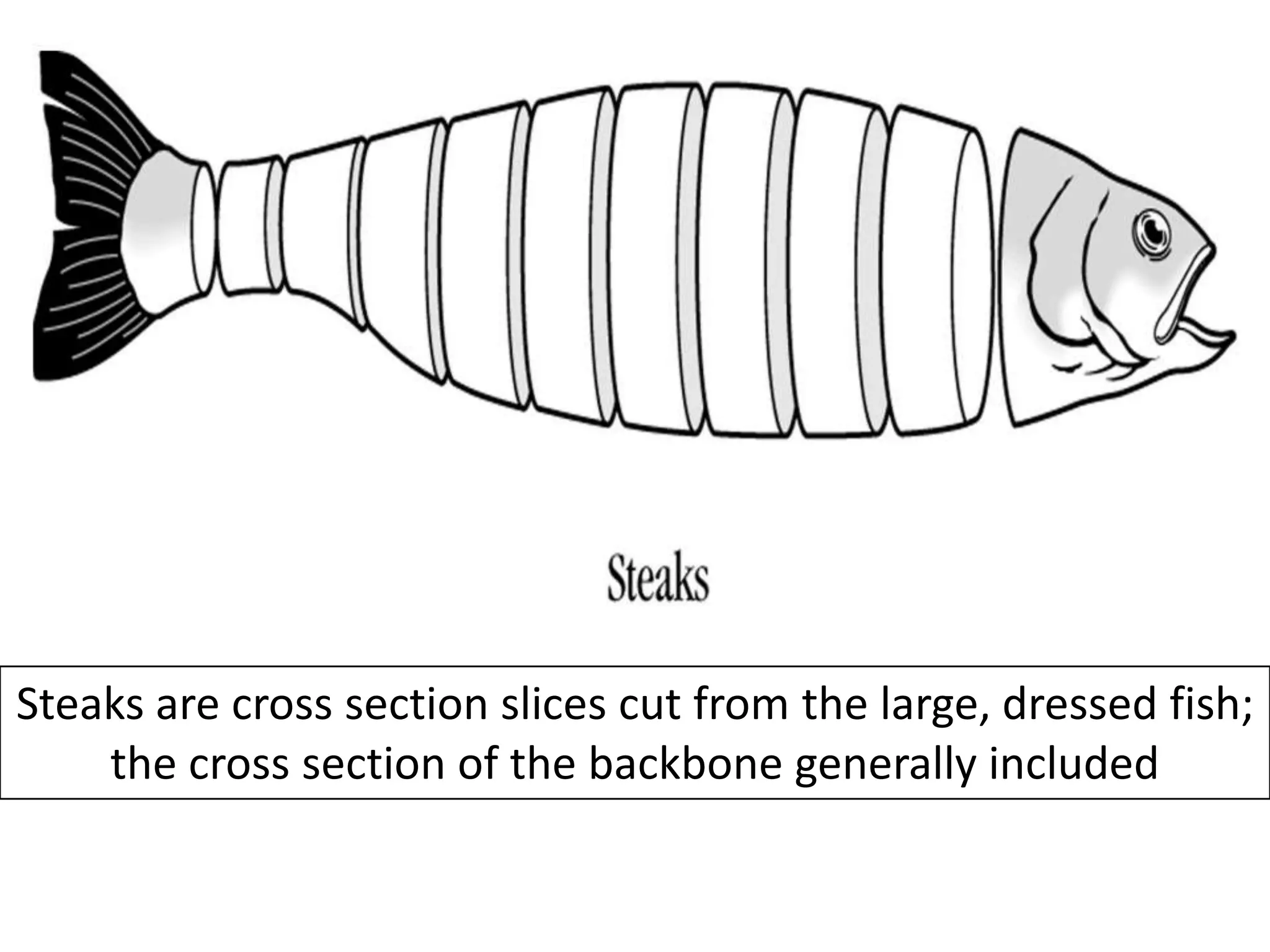 Steaks are cross section slices cut from the large, dressed fish;
    the cross section of the backbone generally included
 