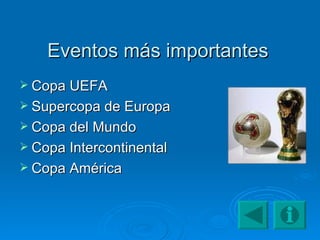 Eventos más importantes Copa UEFA Supercopa de Europa Copa del Mundo Copa Intercontinental Copa América 
