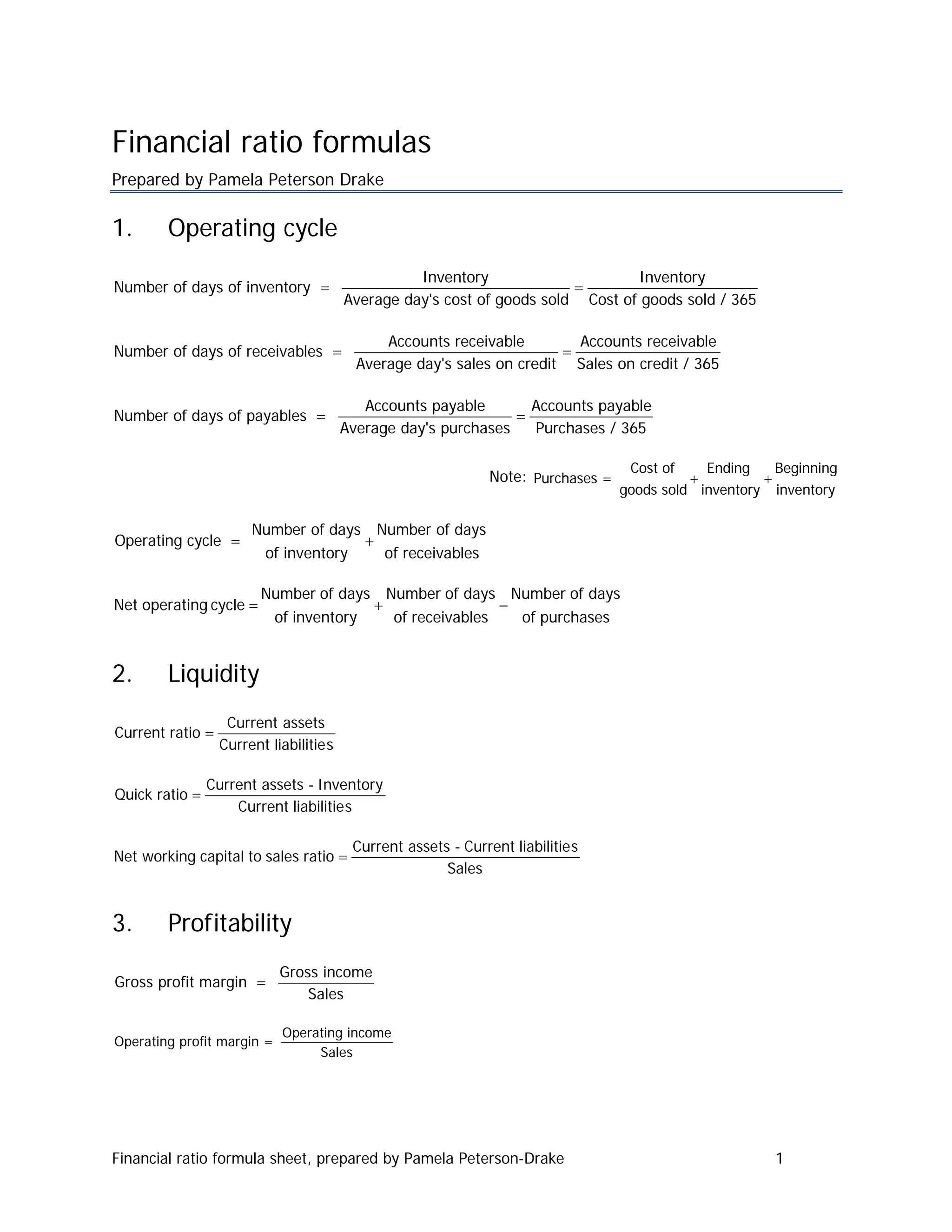 Financial ratio formulas
Prepared by Pamela Peterson Drake

1.      Operating cycle
                                                   Inventory                     Inventory
Number of days of inventory =                                            =
                                         Average day's cost of goods sold Cost of goods sold / 365

                                               Accounts receivable        Accounts receivable
Number of days of receivables =                                         =
                                           Average day's sales on credit Sales on credit / 365

                                            Accounts payable       Accounts payable
Number of days of payables =                                     =
                                         Average day's purchases   Purchases / 365

                                                                                     Cost of    Ending    Beginning
                                                                Note: Purchases =             +         +
                                                                                    goods sold inventory inventory

                       Number of days Number of days
Operating cycle =                    +
                        of inventory   of receivables

                         Number of days          Number of days Number of days
Net operating cycle =                        +                   −
                            of inventory          of receivables   of purchases


2.      Liquidity
                   Current assets
Current ratio =
                  Current liabilitie s

                Current assets - Inventory
Quick ratio =
                    Current liabilitie s

                                          Current assets - Current liabilitie s
Net working capital to sales ratio =
                                                        Sales


3.      Profitability
                            Gross income
Gross profit margin =
                                Sales

                             Operating income
Operating profit margin =
                                  Sales




Financial ratio formula sheet, prepared by Pamela Peterson-Drake                                          1
 