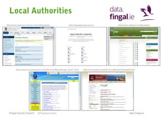 Local Authorities
http://www.clarecoco.ie/your-council/opendata/

http://opendata.limerick.ie/

http://www.roscommoncoco.ie/en/Services/Maps/Google_Earth_Files/

Fingal County Council

@fingalopendata

http://www.sligococo.ie/Opendata/

http://www.galway.ie/en/Services/MapZone/GoogleEarth/

data.fingal.ie

 