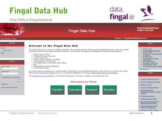 Fingal Data Hub
http://fdb.ie/fingaldatahub

Fingal County Council

@fingalopendata

data.fingal.ie

6

 