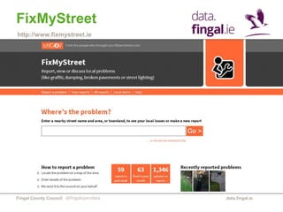 Fingal County Council data.fingal.ie
Code for Ireland
@fingalopendata
http://www.codeforireland.com
 