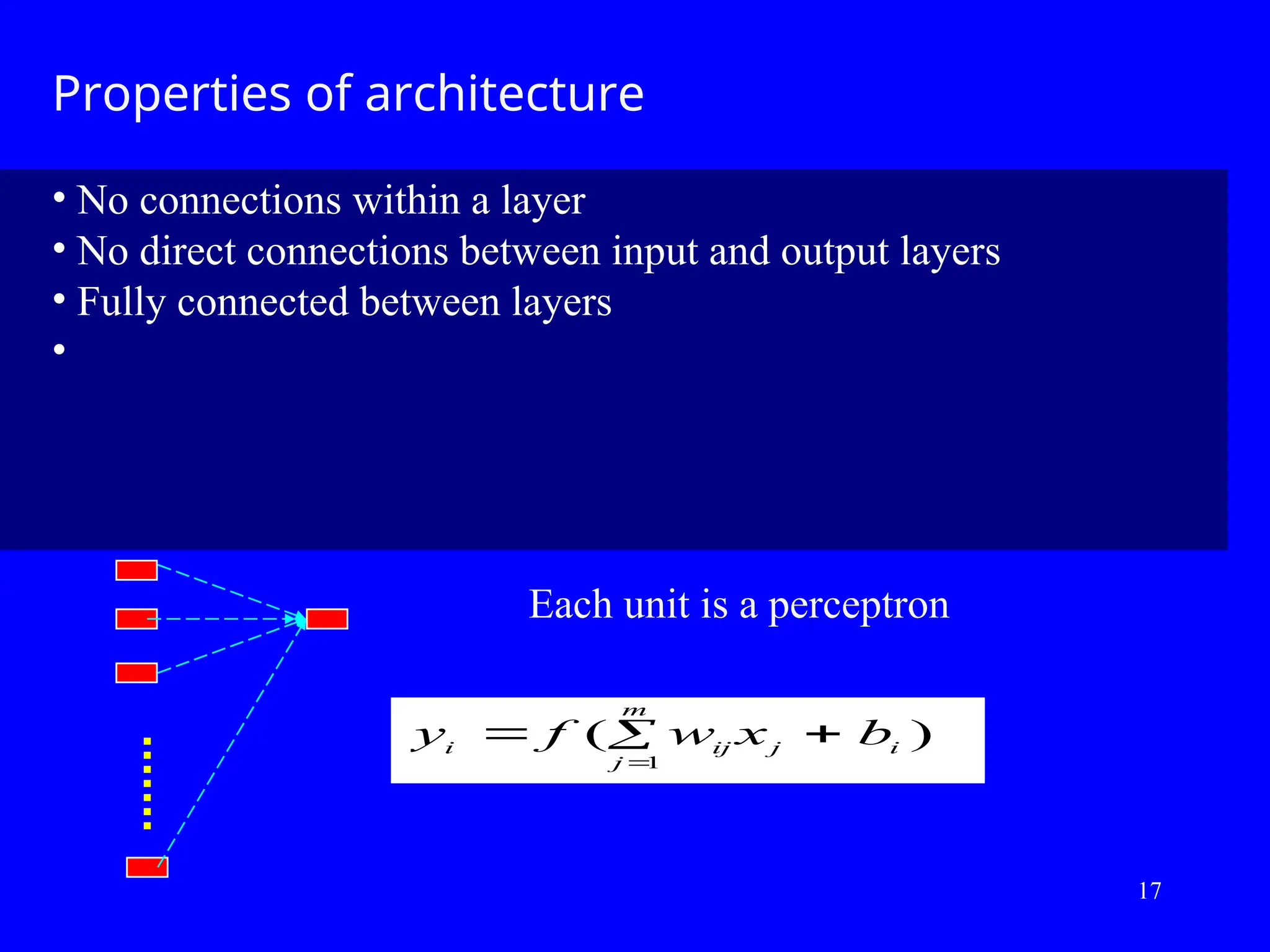 Properties of architecture
&bull; No connections within a layer
&bull; No direct connections between input and output layers
&bull; Fully connected between layers
&bull;
y f w x b
i ij j i
j
m
 


( )
1
Each unit is a perceptron
17
 