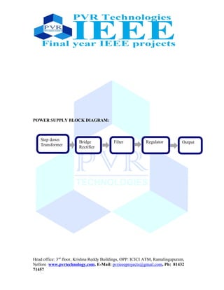 POWER SUPPLY BLOCK DIAGRAM:
Head office: 3nd
floor, Krishna Reddy Buildings, OPP: ICICI ATM, Ramalingapuram,
Nellore www.pvrtechnology.com, E-Mail: pvrieeeprojects@gmail.com, Ph: 81432
71457
Step down
Transformer
Filter Regulator OutputBridge
Rectifier
 