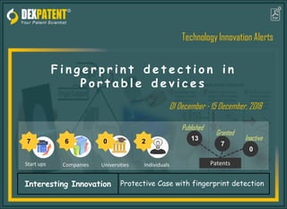 Start ups Companies
Inactive
Granted
Published
Universities Individuals Patents
Interesting Innovation
01 December - 15 December, 2018
Technology Innovation Alerts
F i n g e r p r i n t d e t e c t i o n i n
P o r t a b l e d e v i c e s
7 6 0 2 13
7
0
Protective Case with fingerprint detection
 