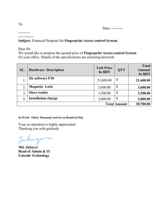 Fingerprint access control quotation bangladesh | PDF